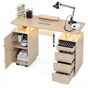 Nail Desk for Nail Tech w/Electric Dust Collector, Rolling Manicure Table w/ Lockable Wheels, Storage Drawers, Wrist Cushion, Acetone Resistant, for Beauty Salon Workstation (Champagne+Gold Handle) Nail Desk for Nail Tech w/Electric Dust Collector, Rolling Manicure Table w/ Lockable Wheels, Storage Drawers, Wrist Cushion, Acetone Resistant, for Beauty Salon Workstation (Champagne+Gold Handle)