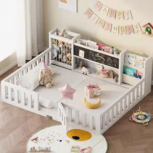 Montessori Wood Toddler Floor Bed with Door, Safety Guard Rails, Blackboard, Bedside Bookshelf & Plush Toy Storage, Low Kids Bed Frame for Boys and GirlsWhite Twin Montessori Wood Toddler Floor Bed with Door, Safety Guard Rails, Blackboard, Bedside Bookshelf & Plush Toy Storage, Low Kids Bed Frame for Boys and GirlsWhite Twin