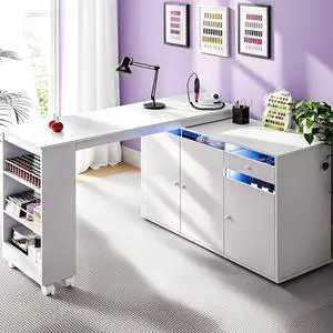 L-Shaped Manicure Table with Storage Cabinet, Drawer & Shelf, Rotating & Convertible Nail Tech Desk, Modern Nail Salon Table with LED Light, White L-Shaped Manicure Table with Storage Cabinet, Drawer & Shelf, Rotating & Convertible Nail Tech Desk, Modern Nail Salon Table with LED Light, White