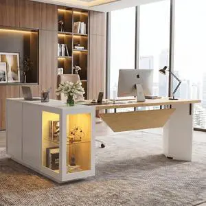 74.4" L-Shaped Executive Desk w/ Power Outlets & Glass Display Cabinet, Large Office Desk w/ 3 Drawers & File Cabinet, Corner Computer Desk Business Workstation for Home Office (White + Light Wood) 74.4" L-Shaped Executive Desk w/ Power Outlets & Glass Display Cabinet, Large Office Desk w/ 3 Drawers & File Cabinet, Corner Computer Desk Business Workstation for Home Office (White + Light Wood)