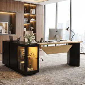 74.4" L-Shaped Executive Desk w/ Power Outlets & Glass Display Cabinet, Large Office Desk w/ 3 Drawers & File Cabinet, Corner Computer Desk Business Workstation for Home Office (Black + Light Wood) 74.4" L-Shaped Executive Desk w/ Power Outlets & Glass Display Cabinet, Large Office Desk w/ 3 Drawers & File Cabinet, Corner Computer Desk Business Workstation for Home Office (Black + Light Wood)