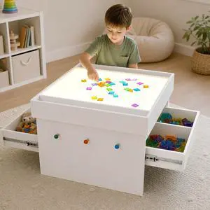 Kids Light Box, LED Sensory Activity Table w/ 2 Drawers & 140 Transparent Blocks, RGB Color Changing Play Desk w/ Remote Control, Montessori Learning Furniture for Preschool Classroom Playroom, White Kids Light Box, LED Sensory Activity Table w/ 2 Drawers & 140 Transparent Blocks, RGB Color Changing Play Desk w/ Remote Control, Montessori Learning Furniture for Preschool Classroom Playroom, White