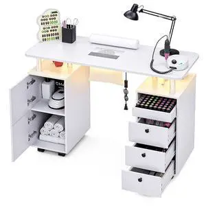 Nail Desk for Nail Tech w/Electric Dust Collector, Rolling Manicure Table w/Lockable Wheels, Storage Drawers, Wrist Cushion, Acetone Resistant, for Nail Beauty Salon Workstation (White) Nail Desk for Nail Tech w/Electric Dust Collector, Rolling Manicure Table w/Lockable Wheels, Storage Drawers, Wrist Cushion, Acetone Resistant, for Nail Beauty Salon Workstation (White)