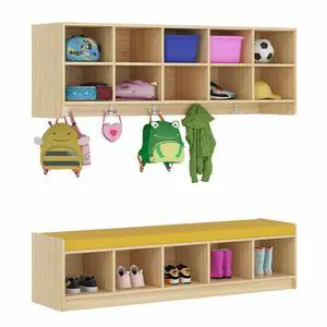 Set Wall Cubbies 10 Section with Hooks and PU Cushion Shoe Storage Bench, Hanging Wall Mount Wooden Classroom Cubbies, Daycare Shelves for Home, School, Nursery, Kindergarten Set Wall Cubbies 10 Section with Hooks and PU Cushion Shoe Storage Bench, Hanging Wall Mount Wooden Classroom Cubbies, Daycare Shelves for Home, School, Nursery, Kindergarten
