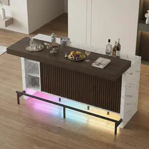 62" Sliding Top Expandable Bar Table with LED Lights, Counter Height Home Bar Cabinet with Shelves & Storage, Marble Finish Modern Bar Island for Kitchen, Living Room, Basement 62" Sliding Top Expandable Bar Table with LED Lights, Counter Height Home Bar Cabinet with Shelves & Storage, Marble Finish Modern Bar Island for Kitchen, Living Room, Basement
