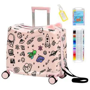 Kids Ride-On Suitcase with Cute Ears, 20" Carry-On Luggage with TSA Lock | DIY Coloring Design, 4 Spinner Wheels, Pull Rope, Foot Pedal, Lightweight & Durable Shell, Stable Ride Design Kids Ride-On Suitcase with Cute Ears, 20" Carry-On Luggage with TSA Lock | DIY Coloring Design, 4 Spinner Wheels, Pull Rope, Foot Pedal, Lightweight & Durable Shell, Stable Ride Design
