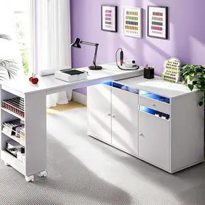 L-Shaped Manicure Table with Dust Collector, Nail Tech Desk with Storage Cabinet, Drawer, Rotating & Convertible Nail Workstation with LED Light, White L-Shaped Manicure Table with Dust Collector, Nail Tech Desk with Storage Cabinet, Drawer, Rotating & Convertible Nail Workstation with LED Light, White