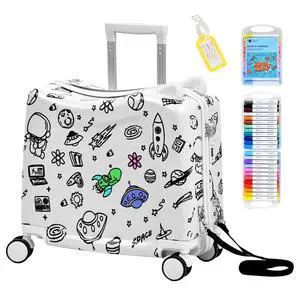 Kids Ride-On Suitcase with Cute Ears, 20" Carry-On Luggage with TSA Lock | DIY Coloring Design, 4 Spinner Wheels, Pull Rope, Foot Pedal, Lightweight & Durable Shell, Stable Ride Design Kids Ride-On Suitcase with Cute Ears, 20" Carry-On Luggage with TSA Lock | DIY Coloring Design, 4 Spinner Wheels, Pull Rope, Foot Pedal, Lightweight & Durable Shell, Stable Ride Design