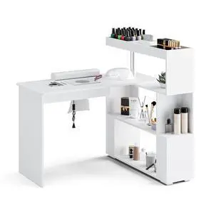 Manicure Table, L-Shaped Nail Tech Desk with Dust Collector, Reversible Rotating Table & Storage Shelf, Acetone Resistant Beauty Salon Station, White Manicure Table, L-Shaped Nail Tech Desk with Dust Collector, Reversible Rotating Table & Storage Shelf, Acetone Resistant Beauty Salon Station, White