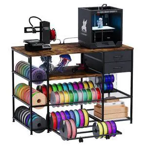 3D Printer Stand with Rolling Filament Drawer (Rustic Brown) | Heavy Duty Metal Frame, 3-Tier Filament Storage, Built-in Power Outlet, 65 Spools Capacity for Garage, Studio, and Office 3D Printer Stand with Rolling Filament Drawer (Rustic Brown) | Heavy Duty Metal Frame, 3-Tier Filament Storage, Built-in Power Outlet, 65 Spools Capacity for Garage, Studio, and Office