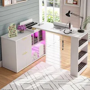 Manicure Table with LED Light, L-Shaped Nail Tech Table w/ Dust Collector & Power Outlets, Corner Nail Station Length Adjustable Nail Desk w/ Sliding Cabinet Door for Home Spa Beauty Salon, White Manicure Table with LED Light, L-Shaped Nail Tech Table w/ Dust Collector & Power Outlets, Corner Nail Station Length Adjustable Nail Desk w/ Sliding Cabinet Door for Home Spa Beauty Salon, White