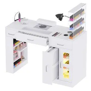 Manicure Table Nail Tech Desk w/Glass Top Drawer, Nail Tech Table w/Movable Shelves, Dust Collector, Wireless Charging, Cabinet, LED Lights, Acetone-Resistant Salon Workstation (White) Manicure Table Nail Tech Desk w/Glass Top Drawer, Nail Tech Table w/Movable Shelves, Dust Collector, Wireless Charging, Cabinet, LED Lights, Acetone-Resistant Salon Workstation (White)