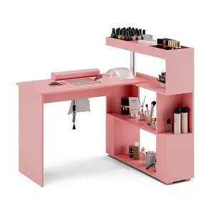 Manicure Table, L-Shaped Nail Tech Desk with Dust Collector, Reversible Rotating Table & Storage Shelf, Acetone Resistant Beauty Salon Station, Pink Manicure Table, L-Shaped Nail Tech Desk with Dust Collector, Reversible Rotating Table & Storage Shelf, Acetone Resistant Beauty Salon Station, Pink