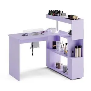 Manicure Table, L-Shaped Nail Tech Desk with Dust Collector, Reversible Rotating Table & Storage Shelf, Acetone Resistant Beauty Salon Station, Purple Manicure Table, L-Shaped Nail Tech Desk with Dust Collector, Reversible Rotating Table & Storage Shelf, Acetone Resistant Beauty Salon Station, Purple