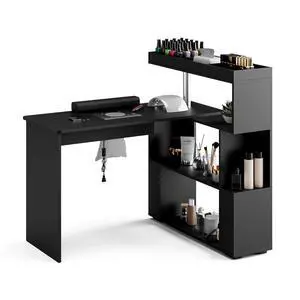 Manicure Table, L-Shaped Nail Tech Desk with Dust Collector, Reversible Rotating Table & Storage Shelf, Acetone Resistant Beauty Salon Station, Black Manicure Table, L-Shaped Nail Tech Desk with Dust Collector, Reversible Rotating Table & Storage Shelf, Acetone Resistant Beauty Salon Station, Black