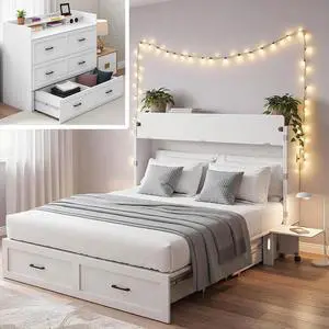 Murphy Bed with Storage & Charging Station, Queen Size Murphy Cabinet Bed Hideaway Bed with Motion Sensor Lights for Bedroom/Guest Room/Office, Foldable Platform Bed Frame, White Murphy Bed with Storage & Charging Station, Queen Size Murphy Cabinet Bed Hideaway Bed with Motion Sensor Lights for Bedroom/Guest Room/Office, Foldable Platform Bed Frame, White