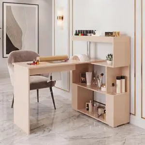 Manicure Table, L-Shaped Nail Tech Desk with Dust Collector, Reversible Rotating Table & Storage Shelf, Acetone Resistant Beauty Salon Station, Champagne Manicure Table, L-Shaped Nail Tech Desk with Dust Collector, Reversible Rotating Table & Storage Shelf, Acetone Resistant Beauty Salon Station, Champagne