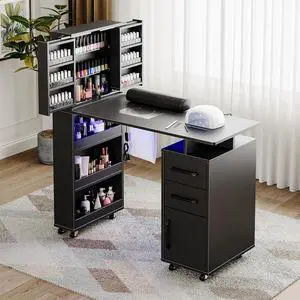 Manicure Table with Extendable Polish Cabinet, Nail Desk with LED Light, Dust Collector, Wrist Rest, Lockable Wheels, Beauty Salon Station Home Nail Tech, Black Manicure Table with Extendable Polish Cabinet, Nail Desk with LED Light, Dust Collector, Wrist Rest, Lockable Wheels, Beauty Salon Station Home Nail Tech, Black