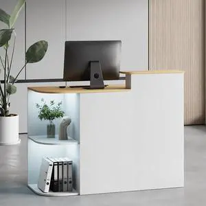 Modern Reception Desk with LED Light and Hidden Power Outlet, Front Desk with DIY Metal Strips, Reception Counter Table for Checkout, Office, Lobby, Nail Salon Spa (White+Wood Modern Reception Desk with LED Light and Hidden Power Outlet, Front Desk with DIY Metal Strips, Reception Counter Table for Checkout, Office, Lobby, Nail Salon Spa (White+Wood