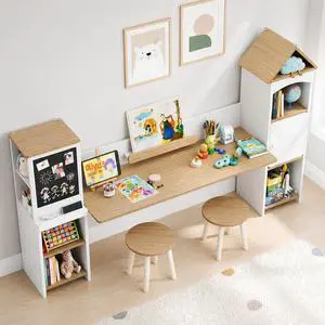 Kids Desk with Blackboard & 2 Stools | Magnetic Blackboard, Rounded Corners, Ample Storage, Book Stand, 47" Wide for 2 Kids, Bedroom/Playroom, Ages 3-8 Kids Desk with Blackboard & 2 Stools | Magnetic Blackboard, Rounded Corners, Ample Storage, Book Stand, 47" Wide for 2 Kids, Bedroom/Playroom, Ages 3-8