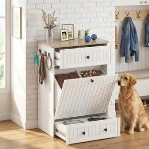 Dog Feeding Station Cabinet Elevated Bowls (White, Classic Panel) | Slow Feeder Insert, Large food bin, Removable Divider, 3 Side Hooks, Pull-Out Drawer, Easy to Clean for Small & Middle Dogs Dog Feeding Station Cabinet Elevated Bowls (White, Classic Panel) | Slow Feeder Insert, Large food bin, Removable Divider, 3 Side Hooks, Pull-Out Drawer, Easy to Clean for Small & Middle Dogs