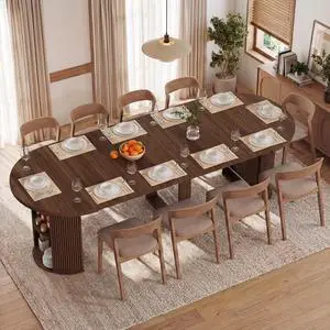 Modern Extendable Round Dining Table with Storage | 38.6" to 110.2" Expandable Fluted Table for 2-12 People, Space Saving Table for Party, Meeting, Celebration Modern Extendable Round Dining Table with Storage | 38.6" to 110.2" Expandable Fluted Table for 2-12 People, Space Saving Table for Party, Meeting, Celebration