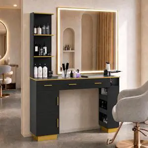 Salon Station for Hair Stylists, Professional Barber Desk Styling Station with 2 Cabinets, 3 Drawers, Display Rack & Open Shelves, Salon Storage Cabinet for Barber Shop Spa Beauty, Wall Mount, Black Salon Station for Hair Stylists, Professional Barber Desk Styling Station with 2 Cabinets, 3 Drawers, Display Rack & Open Shelves, Salon Storage Cabinet for Barber Shop Spa Beauty, Wall Mount, Black