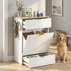 Dog Feeding Station Cabinet, Elevated Bowls with Slow Feeder Insert, White | Slow Feeder Insert, Large food bin, Removable Divider, 3 Side Hooks, Pull-Out Drawer, Easy to Clean for Small & Middle Dogs Dog Feeding Station Cabinet, Elevated Bowls with Slow Feeder Insert, White | Slow Feeder Insert, Large food bin, Removable Divider, 3 Side Hooks, Pull-Out Drawer, Easy to Clean for Small & Middle Dogs