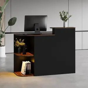 Modern Reception Desk, 51 Front Desk with LED Light, 2-Tier Open Front Storage, Lockable Drawer & Hidden Power Outlet, Reception Counter Table for Office, Lobby, Nail Salon Spa (Black) Modern Reception Desk, 51 Front Desk with LED Light, 2-Tier Open Front Storage, Lockable Drawer & Hidden Power Outlet, Reception Counter Table for Office, Lobby, Nail Salon Spa (Black)
