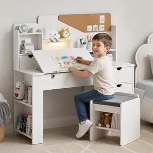 Kids Desk and Chair Set, Wooden Study Table with Tiltable Desktop, Hutch, Drawer & Storage Cabinet, Multi-Functional Writing Desk for Kids Ages 5-12, Ideal for Bedroom Kids Desk and Chair Set, Wooden Study Table with Tiltable Desktop, Hutch, Drawer & Storage Cabinet, Multi-Functional Writing Desk for Kids Ages 5-12, Ideal for Bedroom