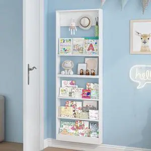 5-Tier Kids Bookshelf, Wall-Mounted Book Shelf with Adjustable Shelves & Hooks, Wooden Kids Bookshelf and Toy Storage, Space-Saving Behind Door Bookshelf for Kids' Rooms, Playroom, NurseryWhite 5-Tier Kids Bookshelf, Wall-Mounted Book Shelf with Adjustable Shelves & Hooks, Wooden Kids Bookshelf and Toy Storage, Space-Saving Behind Door Bookshelf for Kids' Rooms, Playroom, NurseryWhite