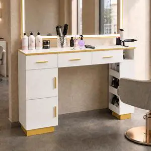 Salon Station for Hair Stylist, Freestanding Barber Desk with 2 Cabinets, 3 Drawers & Open Storage Shelves, Hair Salon Furniture for Salon, Spa & Beauty, White Salon Station for Hair Stylist, Freestanding Barber Desk with 2 Cabinets, 3 Drawers & Open Storage Shelves, Hair Salon Furniture for Salon, Spa & Beauty, White