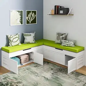 L-Shaped Corner Storage Bench with Cushion, Backless Wood Bench with Hidden Storage, for Dining Nook, Kitchen, Entryway, Cloakroom (Bench+Green Cushion) L-Shaped Corner Storage Bench with Cushion, Backless Wood Bench with Hidden Storage, for Dining Nook, Kitchen, Entryway, Cloakroom (Bench+Green Cushion)