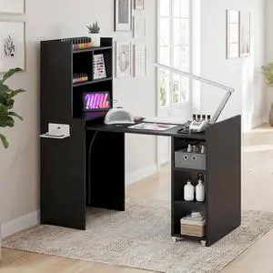 Foldable Manicure Table Nail Desk, Extendable Nail Tech Table with Storage Shelves & a Fabric Drawer, Wall Mount Nail Station Modern Multipurpose Table Home Office Beauty Spa Salon, Black Foldable Manicure Table Nail Desk, Extendable Nail Tech Table with Storage Shelves & a Fabric Drawer, Wall Mount Nail Station Modern Multipurpose Table Home Office Beauty Spa Salon, Black