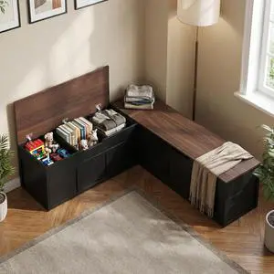 L-Shaped Corner Storage Bench with Cushion, Backless Wood Bench with Hidden Storage, for Dining Nook, Kitchen, Entryway, Cloakroom (White+Walnut (No Cushion)) L-Shaped Corner Storage Bench with Cushion, Backless Wood Bench with Hidden Storage, for Dining Nook, Kitchen, Entryway, Cloakroom (White+Walnut (No Cushion))