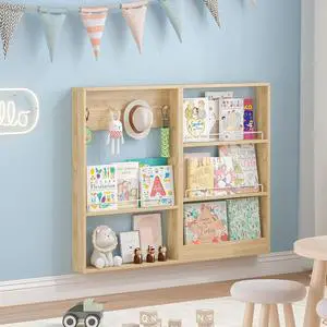 5-Tier Kids Bookshelf, Wall-Mounted Book Shelf with Adjustable Shelves & Hooks, Wooden Kids Bookshelf and Toy Storage, Space-Saving Behind Door Bookshelf for Kids' Rooms, Playroom, NurseryWood 5-Tier Kids Bookshelf, Wall-Mounted Book Shelf with Adjustable Shelves & Hooks, Wooden Kids Bookshelf and Toy Storage, Space-Saving Behind Door Bookshelf for Kids' Rooms, Playroom, NurseryWood