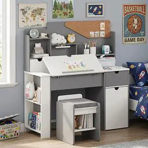 Kids Desk and Chair Set, Wooden Study Table with Tiltable Desktop, Hutch, Drawer & Storage Cabinet, Multi-Functional Writing Desk for Kids Ages 5-12, Ideal for Bedroom (Grey) Kids Desk and Chair Set, Wooden Study Table with Tiltable Desktop, Hutch, Drawer & Storage Cabinet, Multi-Functional Writing Desk for Kids Ages 5-12, Ideal for Bedroom (Grey)