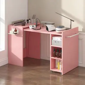 Foldable Manicure Table Nail Desk, Expandable Nail Tech Table with Storage Fabric Drawer & Adjustable Shelves, Wall Mount Nail Station Modern Multipurpose Table for Home Office Beauty Spa Salon, Pink Foldable Manicure Table Nail Desk, Expandable Nail Tech Table with Storage Fabric Drawer & Adjustable Shelves, Wall Mount Nail Station Modern Multipurpose Table for Home Office Beauty Spa Salon, Pink