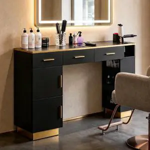 Salon Station for Hair Stylist, Freestanding Barber Desk with 2 Cabinets, 3 Drawers & Open Storage Shelves, Hair Salon Furniture for Salon, Spa & Beauty, Black Salon Station for Hair Stylist, Freestanding Barber Desk with 2 Cabinets, 3 Drawers & Open Storage Shelves, Hair Salon Furniture for Salon, Spa & Beauty, Black