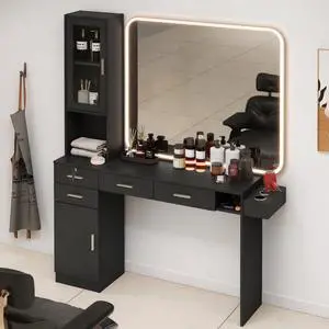 Salon Station for Hair Styling, Wall Mount Barber Salon Cabinet with 3 Hair Dryer Holders, Drawers & Shelves, Beauty Spa Storage Equipment Salon Furniture Without Mirror, Black Salon Station for Hair Styling, Wall Mount Barber Salon Cabinet with 3 Hair Dryer Holders, Drawers & Shelves, Beauty Spa Storage Equipment Salon Furniture Without Mirror, Black