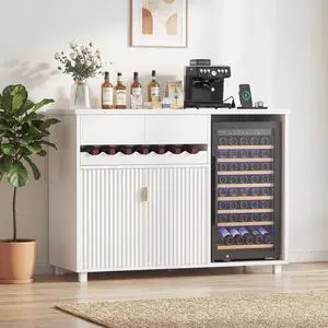 54" Modern Coffee Bar Cabinet with Fridge Space, Fluted Mini Fridge Cabinet with Outlet & Sliding Wine Storage Tray, Buffet Sideboard and Liquor Cabinet for Dorm, Dining Room, Living Room (White) 54" Modern Coffee Bar Cabinet with Fridge Space, Fluted Mini Fridge Cabinet with Outlet & Sliding Wine Storage Tray, Buffet Sideboard and Liquor Cabinet for Dorm, Dining Room, Living Room (White)