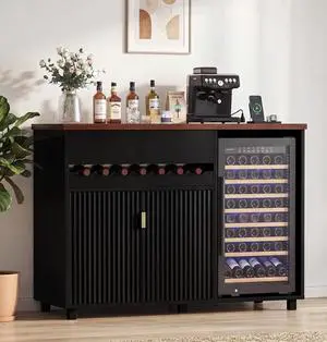 54" Modern Coffee Bar Cabinet with Fridge Space, Fluted Mini Fridge Cabinet with Outlet & Sliding Wine Storage Tray, Buffet Sideboard and Liquor Cabinet for Dorm, Dining Room, Living Room (Black) 54" Modern Coffee Bar Cabinet with Fridge Space, Fluted Mini Fridge Cabinet with Outlet & Sliding Wine Storage Tray, Buffet Sideboard and Liquor Cabinet for Dorm, Dining Room, Living Room (Black)
