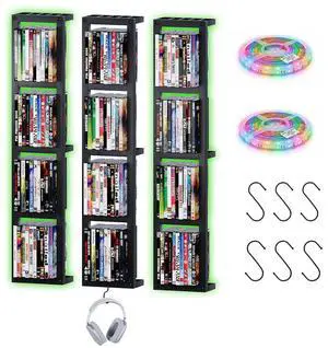 Wall-Mounted CD Storage Shelf with DIY LED Strip, Floating Media Storage Rack with Hooks, Cube Organizer for Video Games Set of 3 Wall-Mounted CD Storage Shelf with DIY LED Strip, Floating Media Storage Rack with Hooks, Cube Organizer for Video Games Set of 3