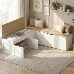 L-Shaped Corner Storage Bench with Cushion, Backless Wood Bench with Hidden Storage, for Dining Nook, Kitchen, Entryway, Cloakroom (Natural Wood (No Cushion)) L-Shaped Corner Storage Bench with Cushion, Backless Wood Bench with Hidden Storage, for Dining Nook, Kitchen, Entryway, Cloakroom (Natural Wood (No Cushion))