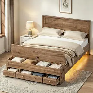 Farmhouse Queen Bed Frame with Headboard and Storage Bench (Rustic Brown) | Wooden Platform Bed Queen Size, LED Light Strip, 3 Drawers, 2 Flip-Top Compartments, Wood Slat Support, No Box Spring Needed Farmhouse Queen Bed Frame with Headboard and Storage Bench (Rustic Brown) | Wooden Platform Bed Queen Size, LED Light Strip, 3 Drawers, 2 Flip-Top Compartments, Wood Slat Support, No Box Spring Needed