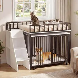 37" Dog Crate Furniture, Wooden Dog Kennel Indoor with Storage (White) | Heavy Duty Pet Cage Indoor for Small & Medium Dogs, Dog Kennel with Storage Shelf, 4 Lockable Wheels and Stairs, Loft-Style 37" Dog Crate Furniture, Wooden Dog Kennel Indoor with Storage (White) | Heavy Duty Pet Cage Indoor for Small & Medium Dogs, Dog Kennel with Storage Shelf, 4 Lockable Wheels and Stairs, Loft-Style