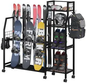 4-Tier Freestanding Snowboard Rack for 4 Pairs of Skis, 3 Snowboards, Boots, Poles, Goggles, Helmets, Ski Storage Rack with Adjustable Shelves, Snowboard Stand for Home, Garage 4-Tier Freestanding Snowboard Rack for 4 Pairs of Skis, 3 Snowboards, Boots, Poles, Goggles, Helmets, Ski Storage Rack with Adjustable Shelves, Snowboard Stand for Home, Garage