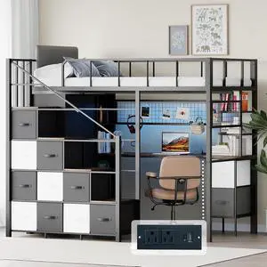 Twin Size Loft Bed with Desk, Stairs & LED Light, Metal Gaming Loft Bed Frame with Headboard, Safety Guardrail, Charging Station, Closet and Fabric Drawers, Space Saving, Black & Burnt Wood Twin Size Loft Bed with Desk, Stairs & LED Light, Metal Gaming Loft Bed Frame with Headboard, Safety Guardrail, Charging Station, Closet and Fabric Drawers, Space Saving, Black & Burnt Wood