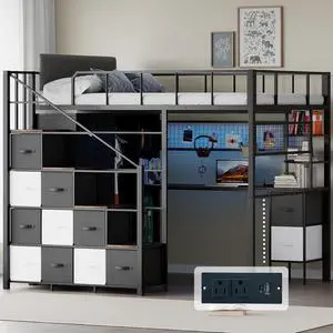 Full Size Loft Bed with Desk, Stairs & LED Light, Metal Gaming Loft Bed Frame with Headboard, Safety Guardrails, Charging Station, Closet & Fabric Drawers, Space Saving, Black & Burnt Wood Full Size Loft Bed with Desk, Stairs & LED Light, Metal Gaming Loft Bed Frame with Headboard, Safety Guardrails, Charging Station, Closet & Fabric Drawers, Space Saving, Black & Burnt Wood