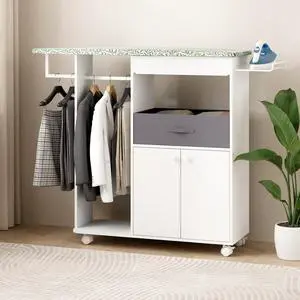 Rolling Ironing Board with Storage Cabinet, Wooden Ironing Board Cabinet with Drawer, Compact Space-Saving Ironing Table with Iron Rest Rack for Laundry Room, Living Room (One Size, Leaf) Rolling Ironing Board with Storage Cabinet, Wooden Ironing Board Cabinet with Drawer, Compact Space-Saving Ironing Table with Iron Rest Rack for Laundry Room, Living Room (One Size, Leaf)